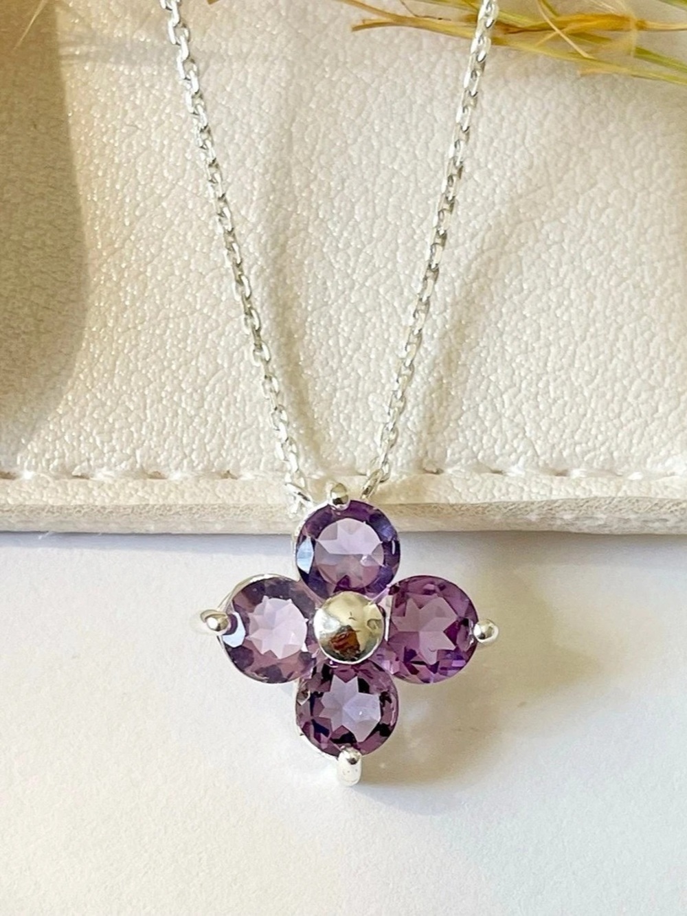 Natural Amethyst Checker board cut Clover  Pendant Necklace February birthstone